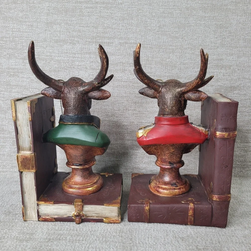 Noble Bookend Set of 2 Stag Deer Busts in Uniform with Monocle Glass Whimsy